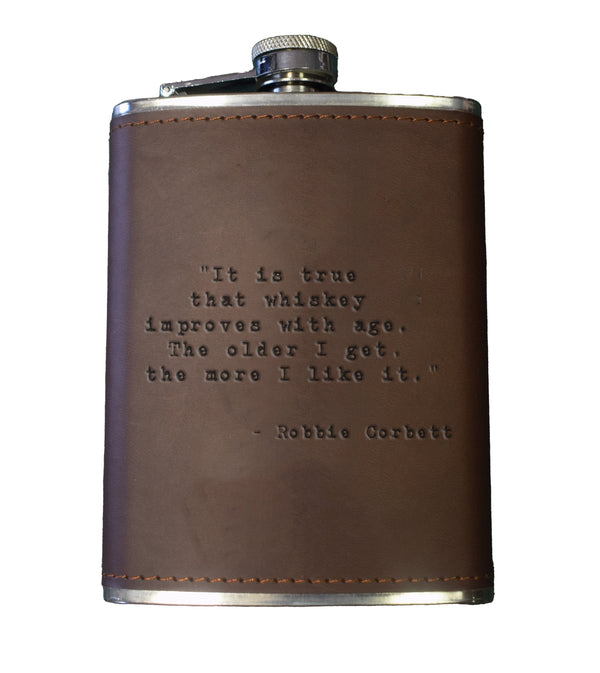 Ronnie Corbett Quote Leather Flask