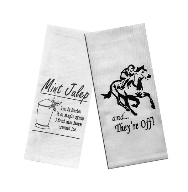 Derby Party Tea Towels Set of 2 - Mint Julep Recipe & And They're Off