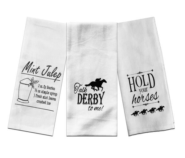 Derby Party Tea Towels Set of 3 - Talk Derby To Me, Hold Your Horses, and Mint Julep Recipe