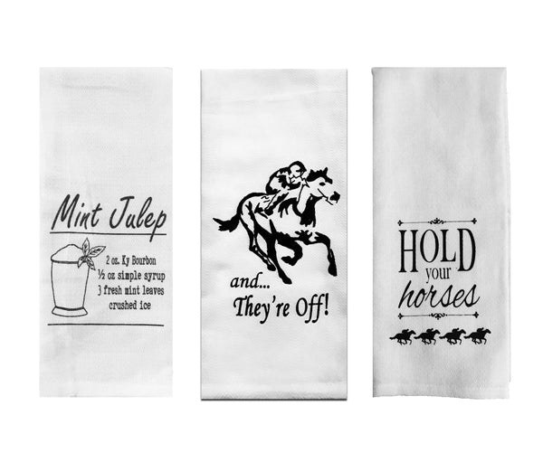 Derby Party Tea Towels Set of 3 - Mint Julep Recipe, And They're Off, and Hold Your Horses