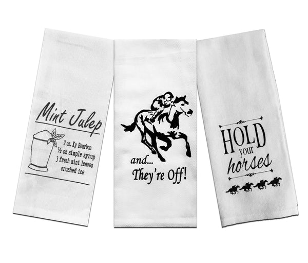 Derby Party Tea Towels Set of 3 - Mint Julep Recipe, And They're Off, and Hold Your Horses
