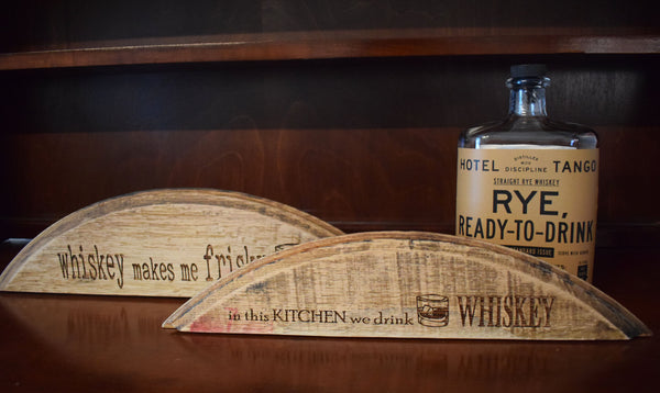 Whiskey Makes Me Frisky Barrel Head Shelf Sitter Sign