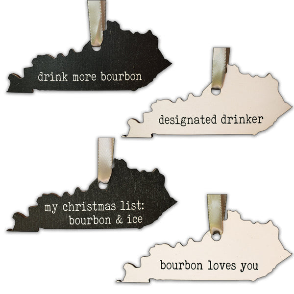 Kentucky Shaped Bourbon Themed Wooden Ornament Four Pack Bundle